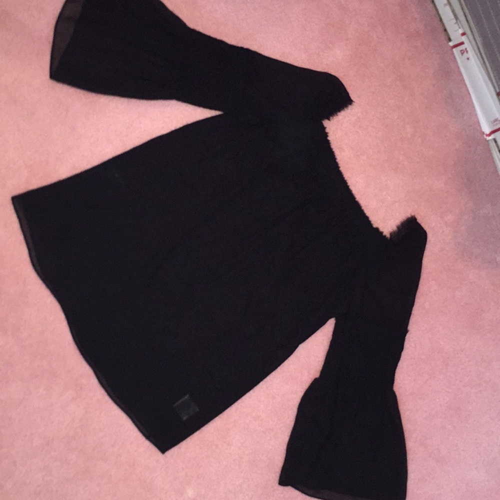 Theory off the shoulder bell sleeve silk top